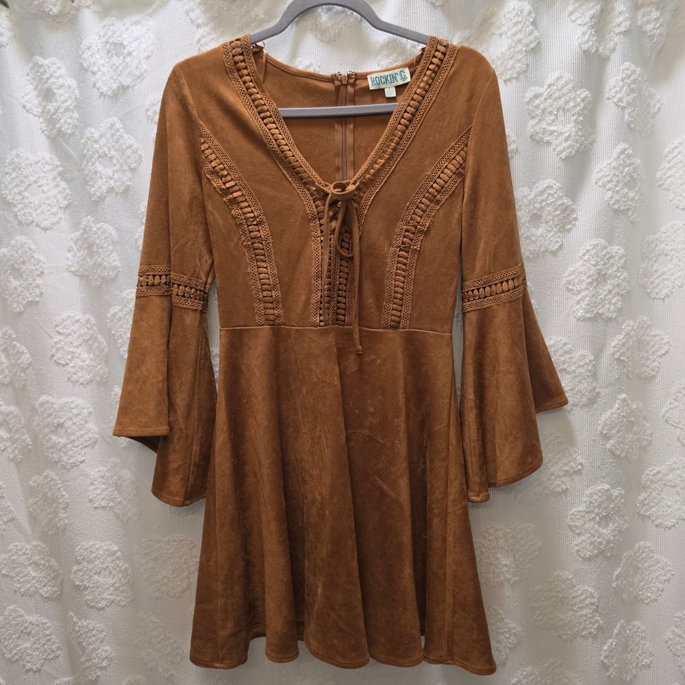 Rockin' G Womens Faux Suede Boho Mini Dress Brown Lace Up Bell Sleeve Small